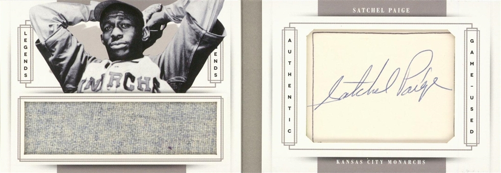 2014 "National Treasures" Booklet #38 Satchel Paige (#1/1) – Signed Cut with Game Used Jersey Swatch